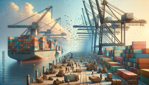 Nostalgic port scene with pixelated containerization transition. photo