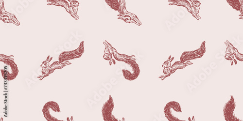 Seamless pattern of sketches cartoon red jumping wild forest squirrels with big fluffy tails, vector background for textile,paper,wallpaper
