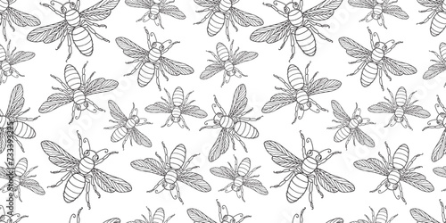 Seamless vector pattern of contour drawings decorative flies flock  black and white background for paper textile  wallpaper