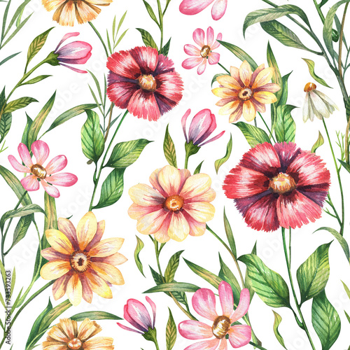 Watercolor seamless pattern with delicate blooming wildflowers and herbs. Romantic, floral background. Floral wallpapers in retro style with wild plants.