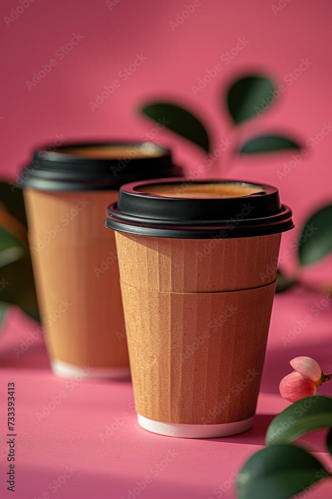 coffee to go in paper cups on pink background with green leaves coffee to go in paper cups on pink background with green leaves