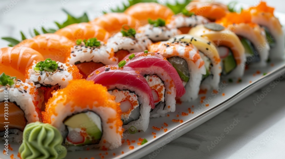 A colorful sushi platter, delicate rolls of rice and seafood artfully arranged on a porcelain plate A colorful sushi platter, delicate rolls of rice and seafood artfully arranged on a porcelain plate