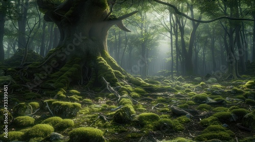  a forest with moss growing on the ground and a large tree in the middle of the forest with a lot of green moss growing on the ground and the ground.