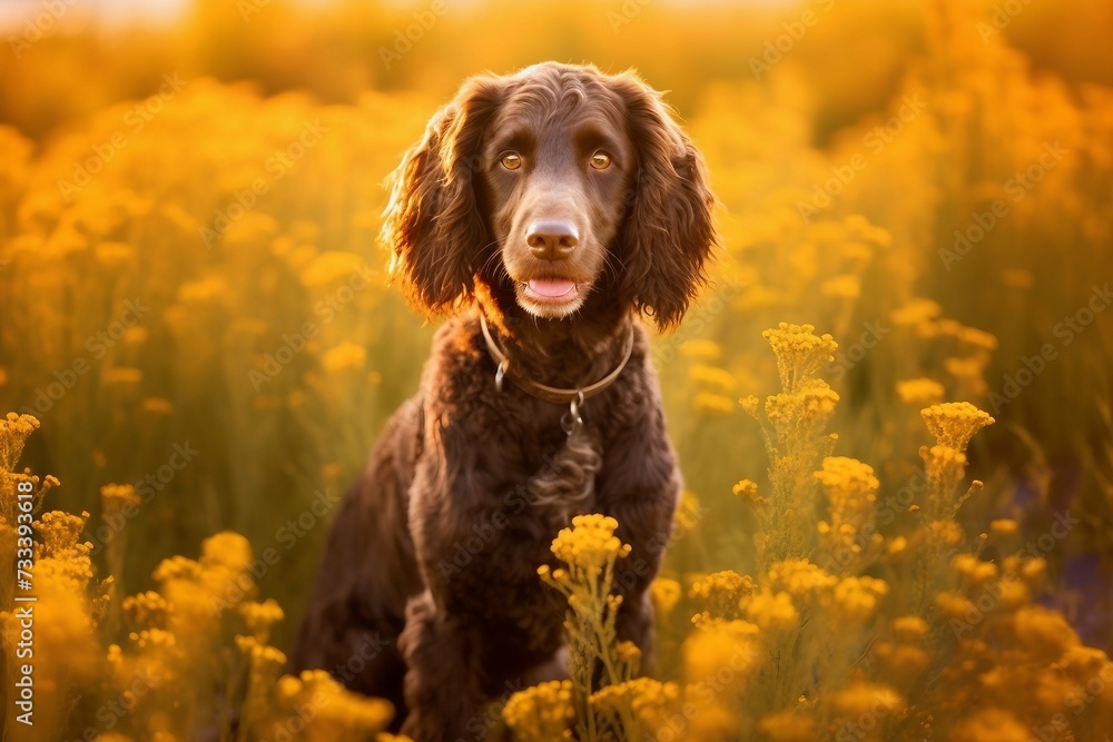 American water spaniel dog sitting in meadow field surrounded by vibrant wildflowers and grass on sunny day AI Generated