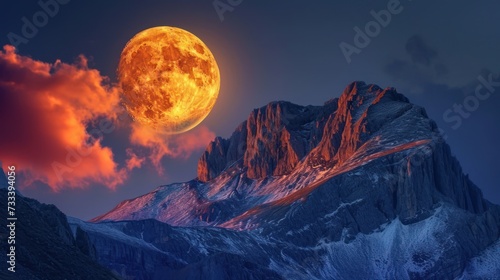 a full moon rising over a mountain range with a red cloud in the sky and a full moon rising over the mountain range with a red cloud in the sky.