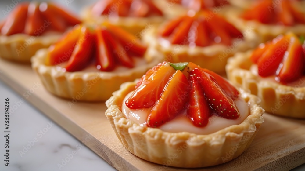 a close up of a strawberry tart on a cutting board with strawberries on top of the tart and the rest of the tart on the tart. a close up of a strawberry tart on a cutting board with strawberries on top of the tart and the rest of the tart on the tart.