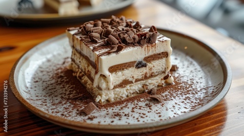  a piece of cake sitting on top of a white plate covered in chocolate shavings on top of a wooden table next to a plate with a fork and spoon.