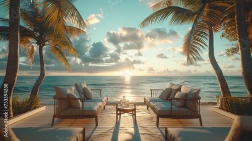 A chic beachfront lounge, with tropical cocktails served against a backdrop o...