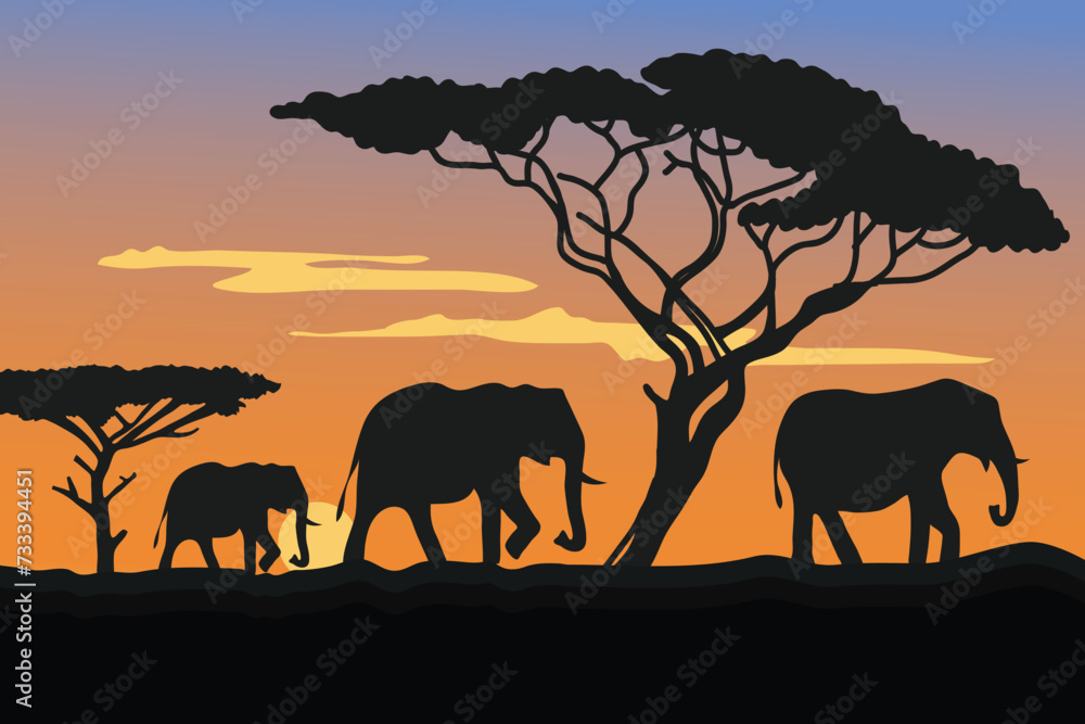 Fototapeta premium Illustration of elephants and trees silhouette in the savannah during the evening