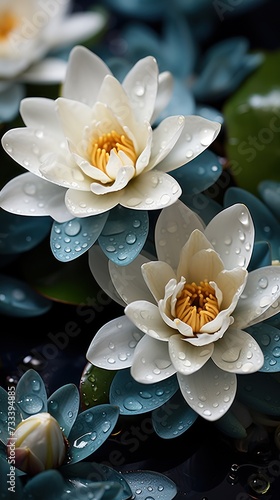 Two white flowers covered in water droplets, showcasing their delicate beauty and natural water-repellent properties.