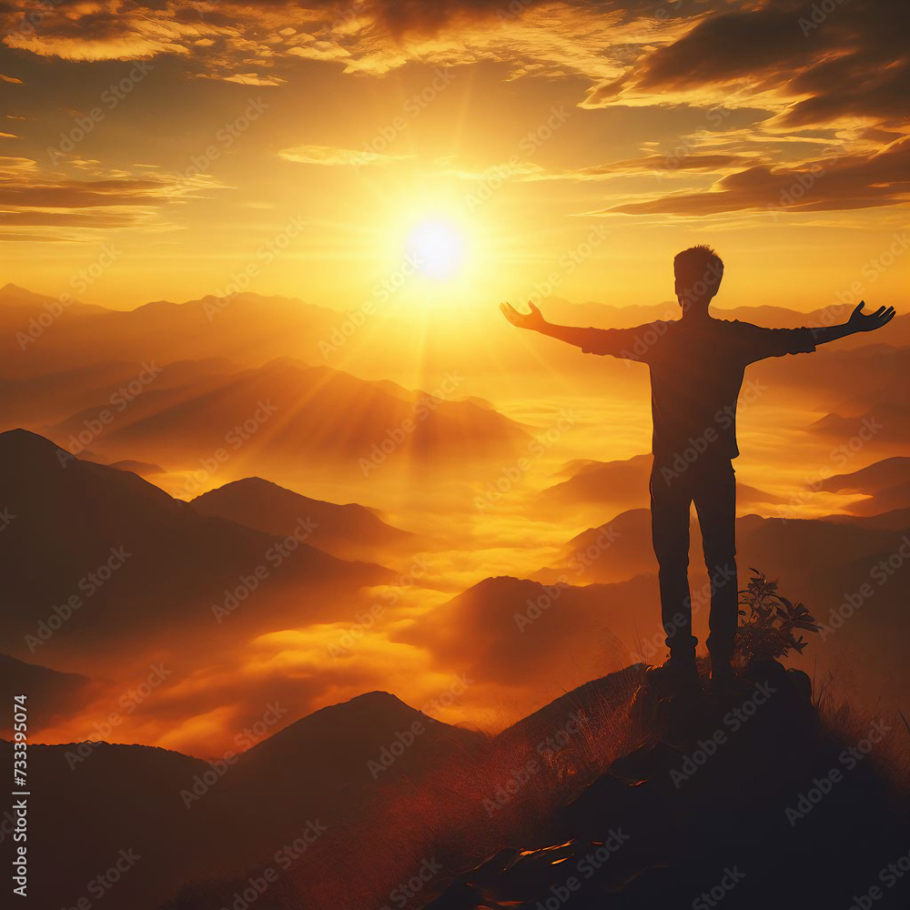 Man celebrates reaching the top of a mountain with her arms wide open Man celebrates reaching the top of a mountain with her arms wide open