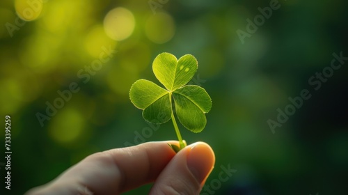  a hand holding a four leaf clover in front of a blurry background of green leaves in the foreground, with a blurry background of green leaves in the foreground. © Anna