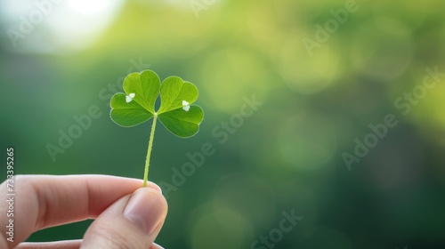  a hand holding a four leaf clover in front of a green boke of blurry boke of the back of a blurry boke of a blurry background. © Anna