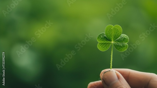  a person's hand holding a four leaf clover in front of a blurry background of green leaves and a blurry image of the leaves in the foreground.