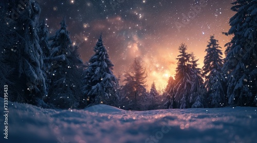 a night scene with snow covered trees and a sky full of stars and the sun shining through the trees and the snow on the ground is covered in the foreground.
