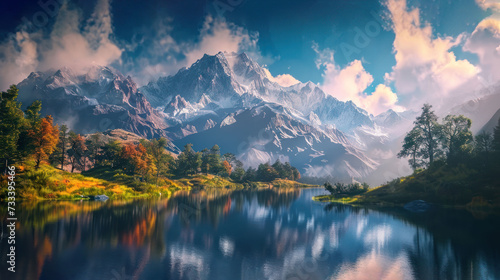  a painting of a mountain range with a lake in the foreground and trees in the foreground, and clouds in the background, and a blue sky with white clouds in the foreground.