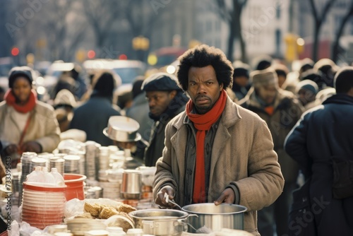 Man with intense gaze in a bustling outdoor market. Humanitarian assistance for homeless people.