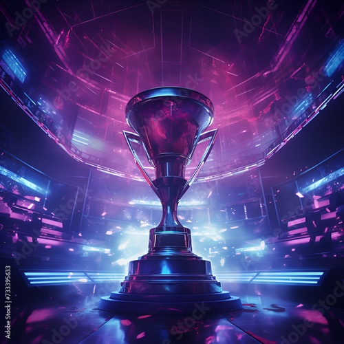 Esports neon cyberpunk winner trophy, gaming, champion cup award, winning trophy image design concept 