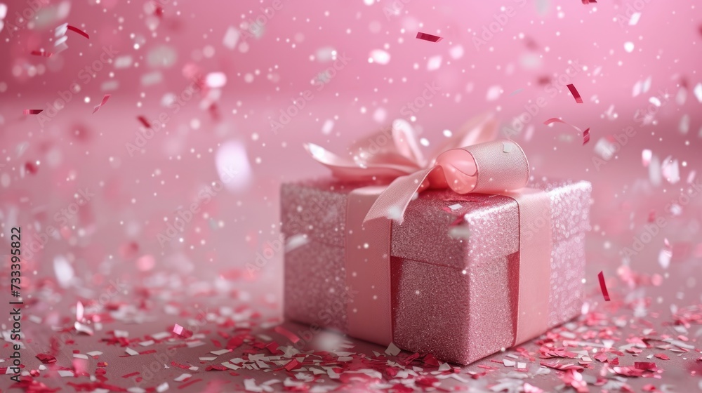  a pink gift box with a pink bow on it surrounded by confetti and streamers of pink and white confetti on a pink background of confetti.
