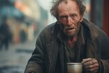 Homeless man with intense gaze holding a cup