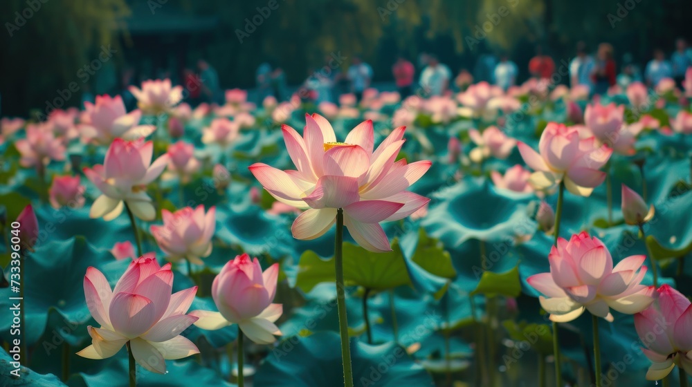 Obraz premium a field full of pink water lilies with lots of green leaves in the foreground and a blurry image of people in the back ground in the background.