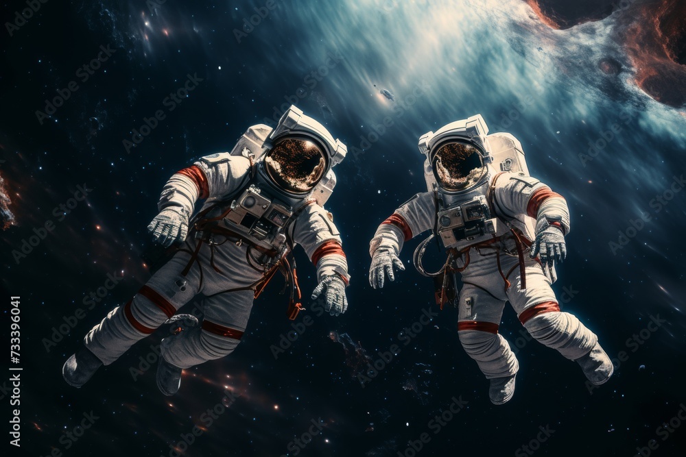 Two astronauts floating in space, Earth reflected in their visors - obrazy, fototapety, plakaty 