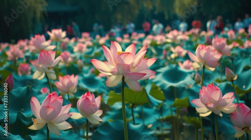  a field full of pink water lilies with lots of green leaves in the foreground and a blurry image of people in the back ground in the background.