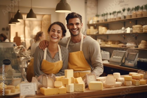 Joyful cheesemongers at a cheese shop with various cheese wheels. photo