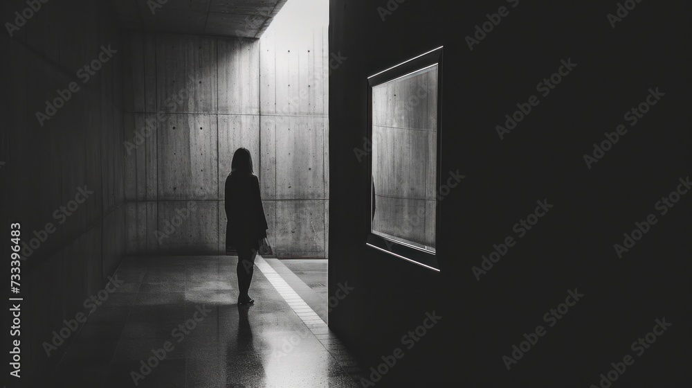  a black and white photo of a woman standing in a dark hallway with her back to the camera and looking at the light coming through the window of the door.