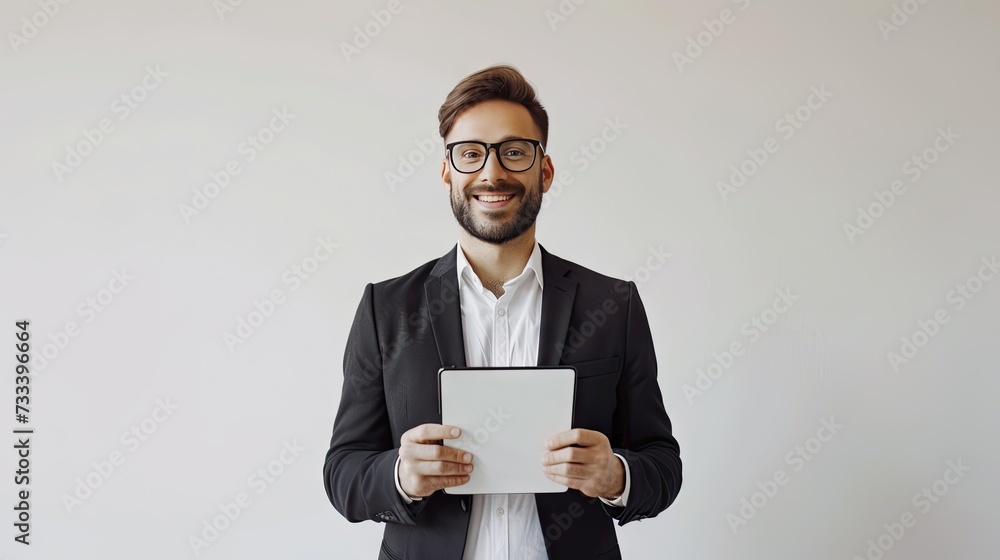 Using modern technologies. Handsome young man in shirt looking at his digital tablet and smiling while standing against grey background Using modern technologies. Handsome young man in shirt looking at his digital tablet and smiling while standing against grey background