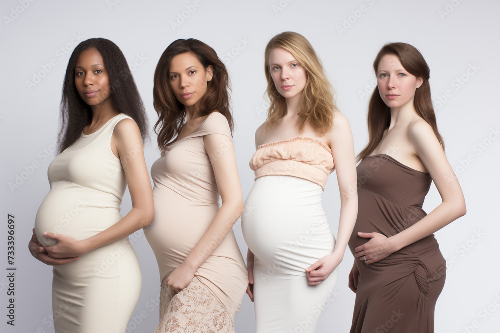 Three young pregnant woman in dress posing. Grey background Three young pregnant woman in dress posing. Grey background