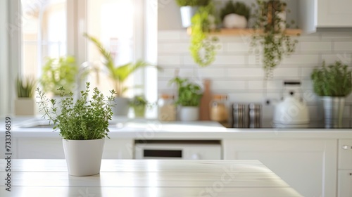 Background of a beautiful and bright kitchen with a minimalistic desk  showcasing an organized and stylish culinary space for a contemporary home