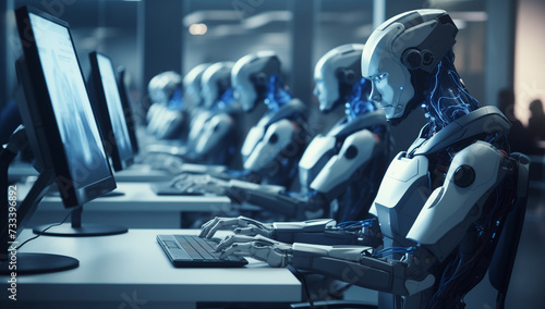 Group of robots working on computer. artificial intelligence concept.