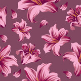seamless floral pattern of open lily buds, lily petals on pastel background, for textile, holiday cards or packaging