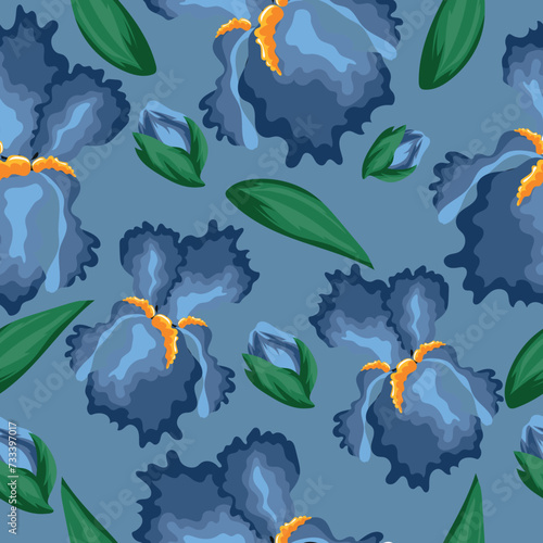 seamless floral pattern of open blue iris buds  iris petals on pastel background  for textile  holiday cards or packaging