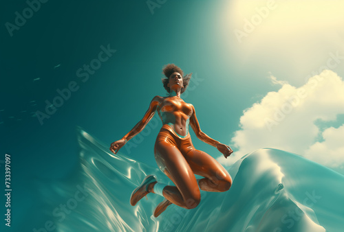 low angle shot of athletic dark skin woman in futuristic swin suit photo