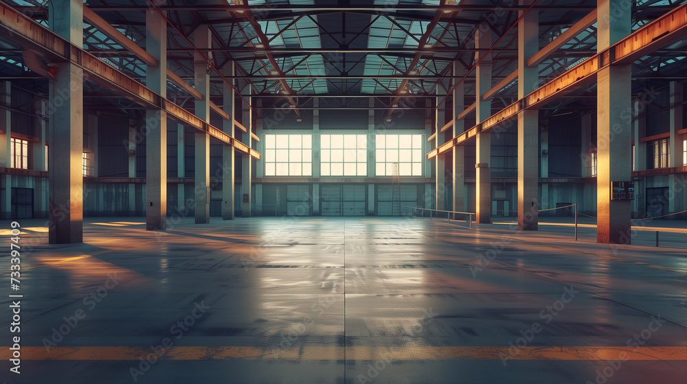 Empty industrial warehouse bathed in the warm glow of sunlight filtering through large windows, creating a play of light and shadows.