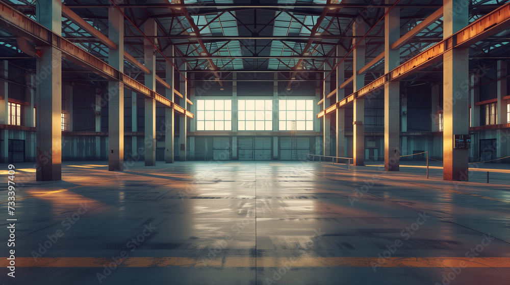 Fototapeta premium Empty industrial warehouse bathed in the warm glow of sunlight filtering through large windows, creating a play of light and shadows.