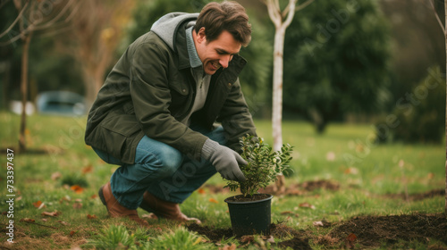 smiling man in casual attire kneeling on the grass, planting a young tree sapling into the soil, embodying a sense of care and commitment to environmental conservation. photo