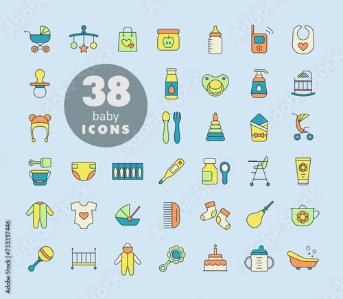 Baby, feeding and care vector isolated icons set