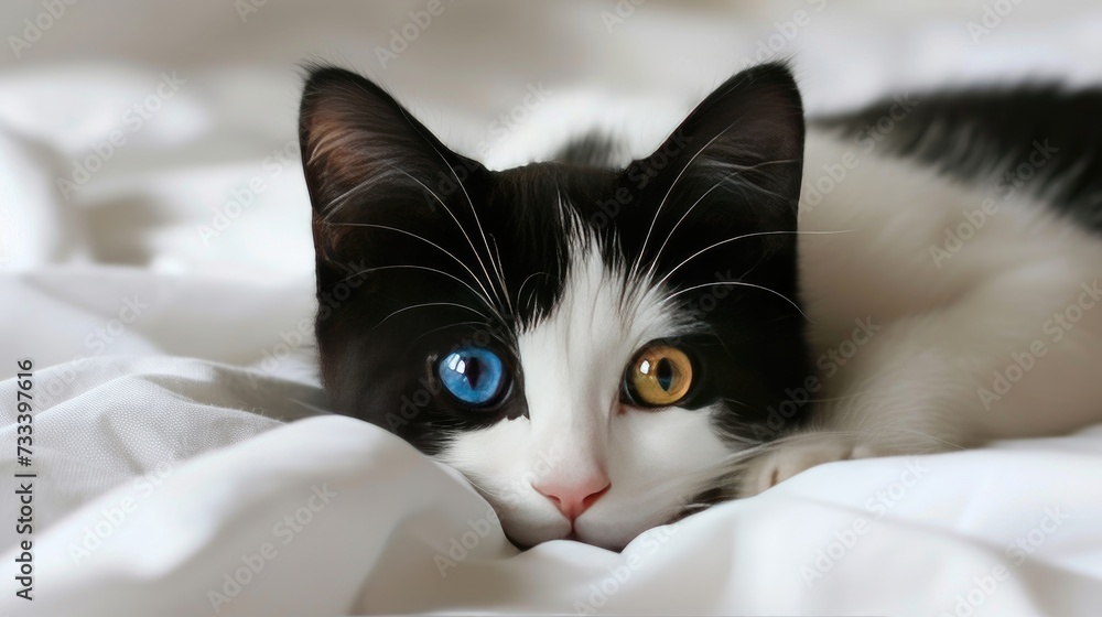 Turkish Angora kitten with blue and green eyes lying on a white bed, showcasing the beauty of heterochromia in domestic pets Turkish Angora kitten with blue and green eyes lying on a white bed, showcasing the beauty of heterochromia in domestic pets