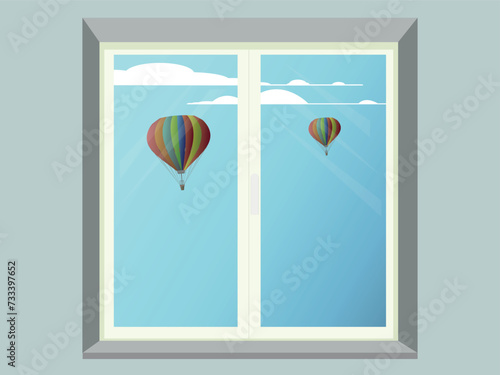 Air balloon in desert sky view from window, illustration. Hot air balloon flight. Modern minimalism.