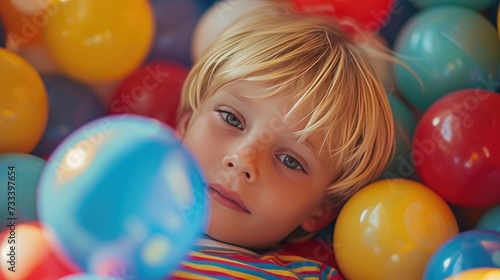 Colorful Joy: Blonde little boy lying on plastic balls, a close-up portrait capturing the vibrant fun in the play center © Vasyl