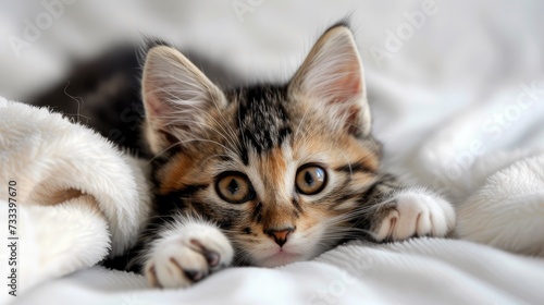 Turkish Angora kitten with blue and green eyes lying on a white bed, showcasing the beauty of heterochromia in domestic pets