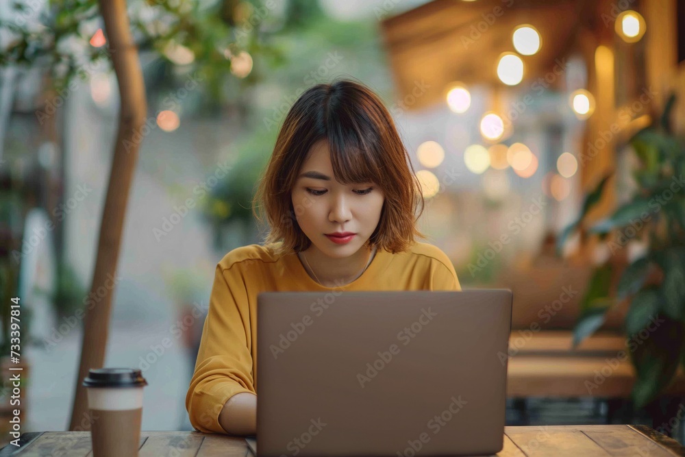 A freelancer Asian women works in a cafe with a laptop. Work from anywhere concept A freelancer Asian women works in a cafe with a laptop. Work from anywhere concept