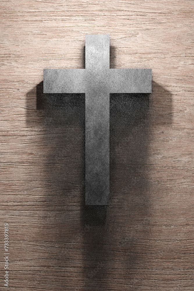Ash Wednesday. Cross on wooden wall with ashes. 3D render illustration.
