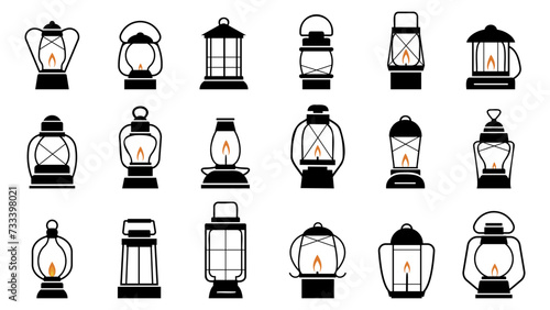 Black old lantern silhouettes. Camp lanterns, decorative holidays traditional retro lights elements. Lighting icons decent vector collection