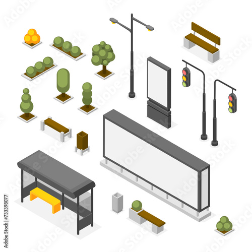 Isometric city elements. Isolated traffic light, street lights, public transport stop and billboards. Part design bushes and tree, flawless vector set