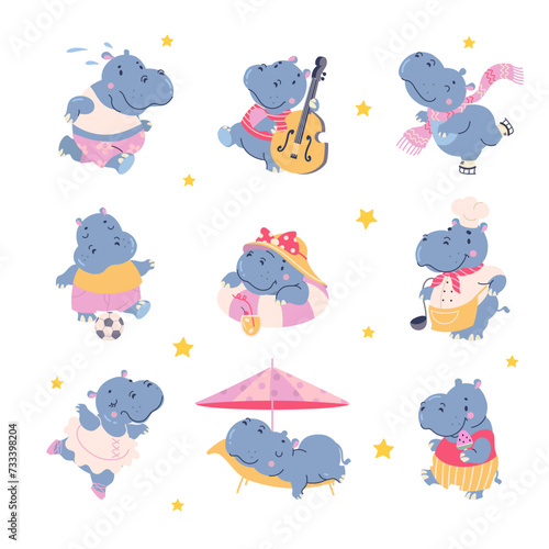 Cartoon hippo. Funny fatty hippos dancing, sleeping, walking and play football or soccer. Isolated wild animals in different situation, nowaday vector characters