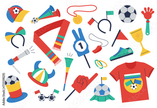 Soccer fans elements. Football championship attributes, foam finger, ball, golden cup, t-shirt. Isolated sport competition objects, decent vector set